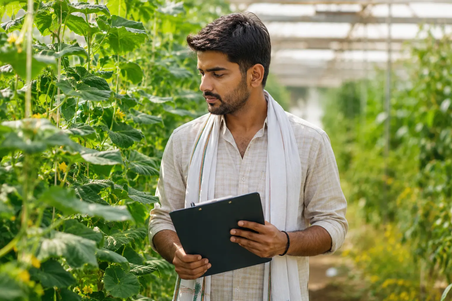 An Akshay Farms manager checking the crop on a managed plot